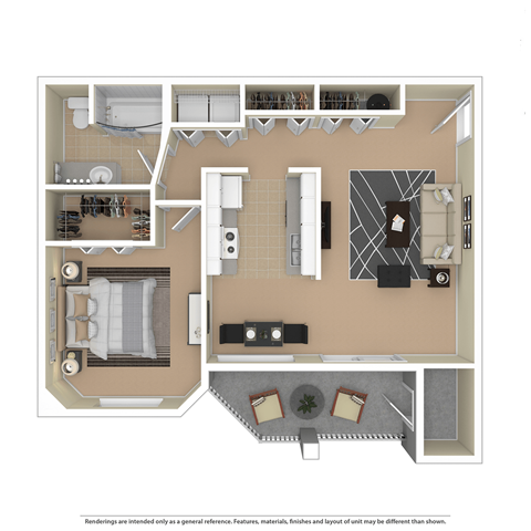 Floor plan for 1 bed, 1 bath, 670 sqft